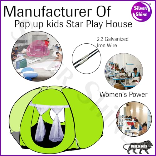 Image of SILVER SHINE Foldable Delightful Patterns Popup Kids Play Tent House for Multi Purpose|PlayTent House for up to 10 YearOld Kids Girls&Boys|Mosquito Net Design Tent for Kids Tent House (Green Star)
