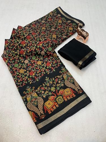 Image of Kalamkari Floral Prints Dola Silk Saree With Rich Zari Border Designer Pallu Attach Blouse Piece