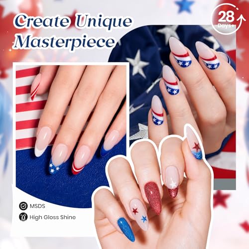 Image of Beetles 4th of July Gel Nail Polish Set, 6 Colors Red White Blue Cat Eye Gel Polish Sliver Glitter Gel Polish with Magnet & Stickers, Patriotic DIY Nail Art Gift for Women