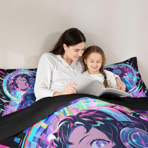 Image of Erosebridal 3D Anime Girl Bedding Comforter Sets American Street Culture Comforter Set Full for Teens Youth Girls Watercolor Graffiti Style Bedding Galaxy Stars Print Duvet Set with 2 Pillow Cases