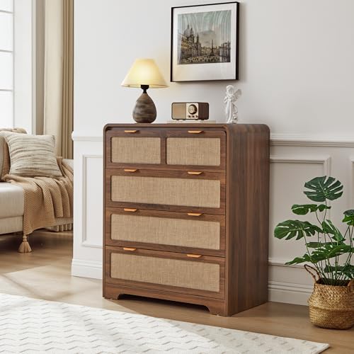 Image of Mid Century Modern Dresser for Bedroom with 4 Drawers, 35 inch Tall Chest of Drawers with Natural Linen, Curved Wood Dresser Closet Clothes Storage Organizer for Living Room, Hallway((Walnut)