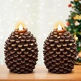 DRomance Flameless Pinecone Candles Battery Operated with 6 Hour Timer Set of 2 Real Brown Wax Flat Wick LED Flickering Pillar Candles Christmas Holiday Decor(Brown, 3.5 x 4.7 Inch)