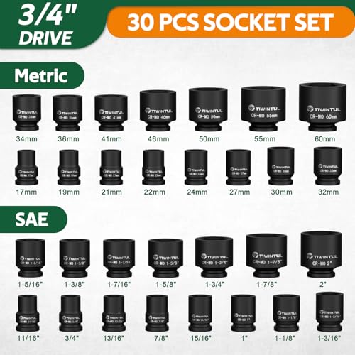 Image of 3 /4 inch Impact Socket Set 30 PCS, SAE 11 /16 inch - 2 inch & Metric 17-60mm | 6-Point Design, CR-MO Steel, Rugged Construction, Heavy Duty Large Impact Sockets for Construction & Agricultural Machinery
