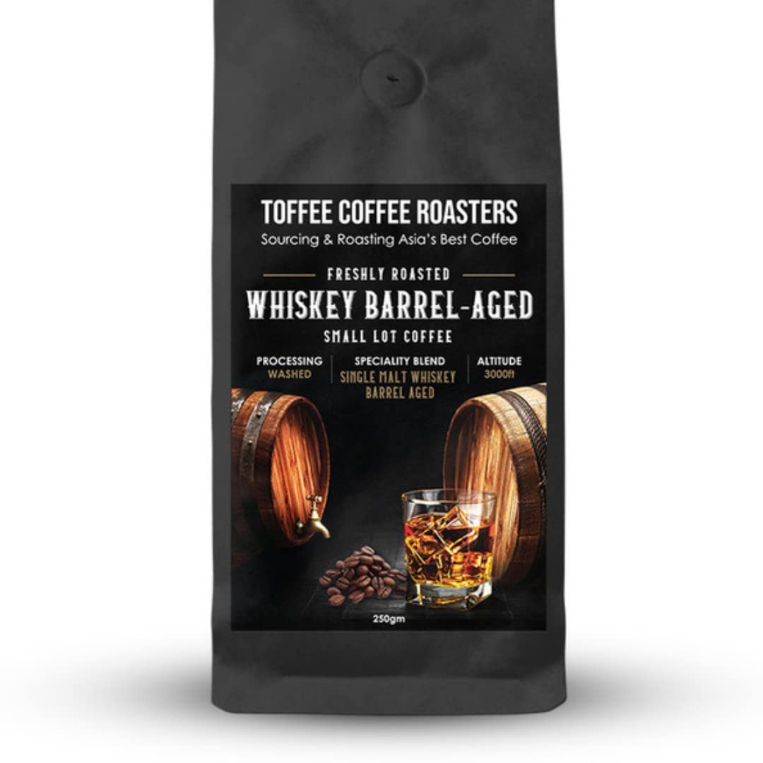 Toffee Coffee Roasters | Single Malt Whiskey Barrel Aged Coffee | As Seen On Shark Tank | 100% Arabica | Grounded Coffee | Grind : Hario V60 | 500 g