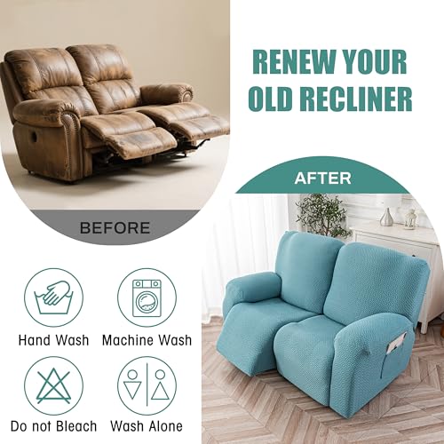 Image of Genina Recliner Loveseat Cover Stretch Couch Covers Sofa slipcover for 2 Seat Reclining Couch Thick Jacquard Furniture Protector (Light Blue)