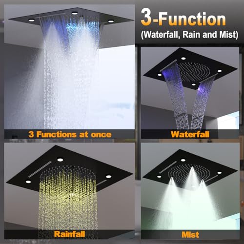 Sistema de ducha termostática de cuerpo entero Enga con LED y jets corporales, cabezal de 20 pulgadas con 3 funciones (lluvia, niebla, cascada), juego de grifería de ducha de lujo en negro mate miniatura 5