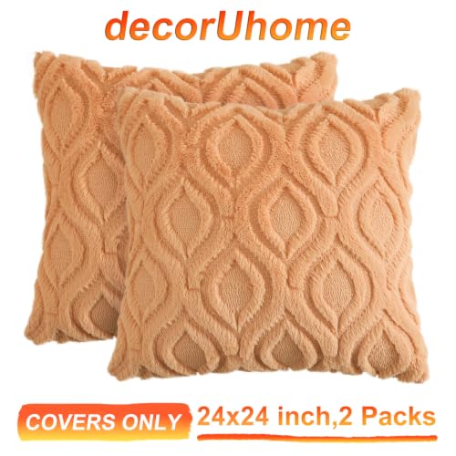 Image of decorUhome Fall Throw Pillow Covers 24x24 Inch Set of 2, Soft Plush Faux Wool Light Orange Solid Couch Pillow Covers, Accent Euro Sham Farmhouse Neutral Square Pillow Cases for Sofa Bed Living Room