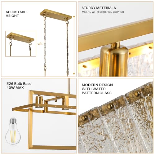 KINGTORO 42" Gold Crystal Modern Chandelier for Dining Room, Chandeliers with Water Ripple Glass, Adjustable Chain Length,Luxury Rectangular Pendant Light Fixture for Kitchen Island Living Room by KINGTORO - Image 7