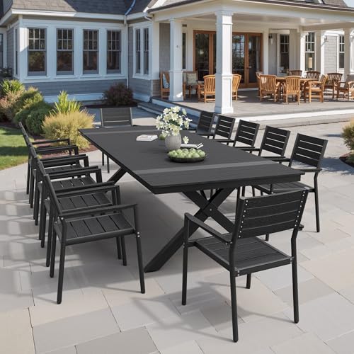 Pellebant 13 Piece Patio Table and Chairs Set for 12, Aluminum Outdoor Dining Set with Umbrella Hole, Stackable Dining Chairs & 118" Dining Table, Black