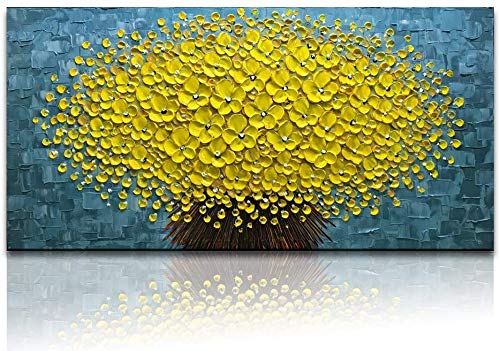 現代油絵 アートフレーム ポスター 3Dの黄色い花のアート風景 100%手描 油彩画 壁飾り アートパネル 木枠付きのモダン 枚 抽象画写真 キャンバス絵画 インテリア 額付きの完成品 壁アートの装飾
