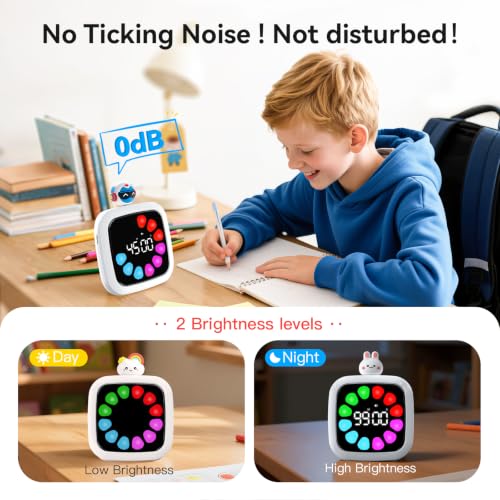 Image of Yunbaoit Digital Visual Timer for Kids, 99-Minute Countdown, Rechargeable | 19 Music Alarm, Pause Function, 9 Optional DIY Color Petal Display, 3 Dolls, for Study, Homeschool, Kitchen