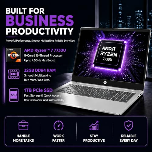 Image of HP 15.6 inch FHD Touchscreen Business Laptop, AMD Ryzen 7 7730U, 32GB RAM, 1TB SSD, Windows 11, Copilot AI, Wi‑Fi 6, Microsoft 365, for Smooth Multitasking
