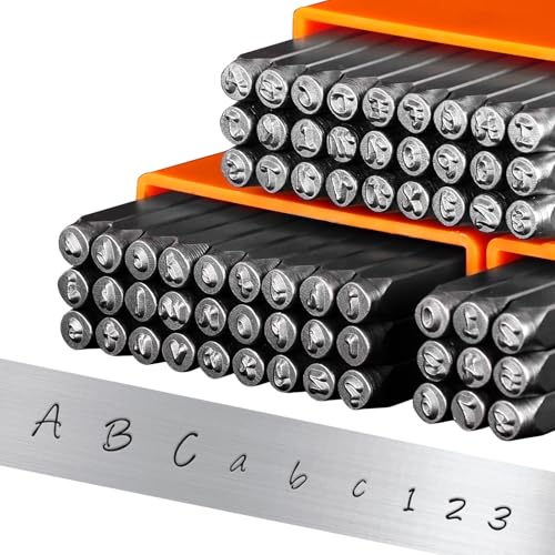 The Craft Guy 63pcs Metal Stamping Kit - Artistic Font 1/8"(3mm) Metal Stamps for Jewelry Making, Number & Letter Stamp Set(A-Z, a-z, 0-9) with Durable Storage Case [Orange]
