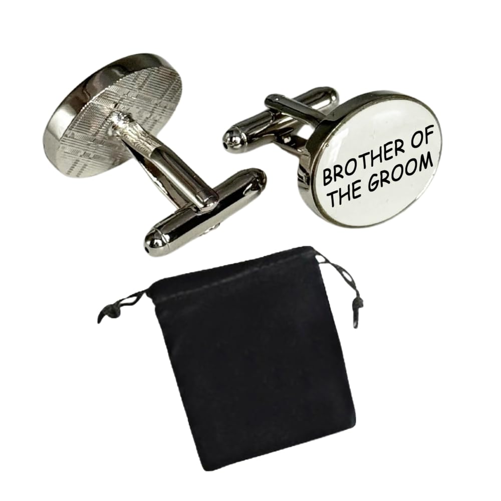 Virens Empourium Men's Wedding Cufflinks WHITE OVAL Cufflink, Groom Best Man Usher Page Boy and Many More Titles, Gift Pouch with Every Pair of Cuff Link (Brother of the Groom)