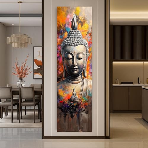 Impression sur toile longue et étroite de Bouddha avec cadre intérieur en bois
