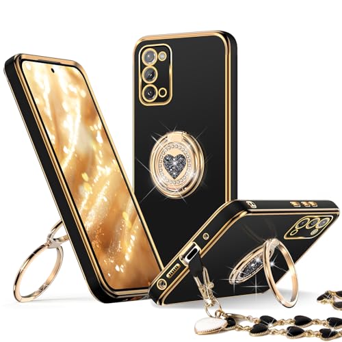 XYZ for Galaxy Note 20 case with Stand, for Samsung Galaxy Note 20 Case with Double Ring,Women Girls Cute Love-Heart Luxury Bling Protective Case Heart for Samsung Note 20 Case, Black