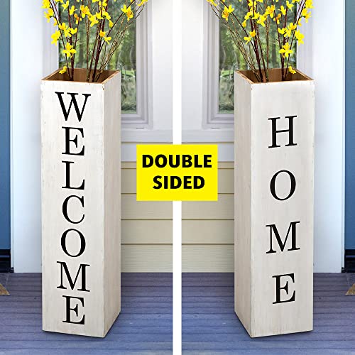 Glitzhome 30"H Wooden Welcome Porch Sign Rustic Double Sided Box-Shaped "Welcome, Home" Porch Sign For Front Porch Decor, Washed White #TOP6