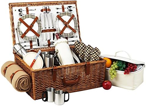 Picnic at Ascot Dorset English-Style Willow Picnic Basket with Service for 4, Coffee Set and Blanket- Designed, Assembled & Quality Approved in the USA