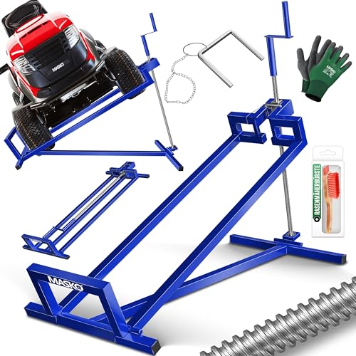 MASKO® Elevador para Tractores de Césped XXL 400 kg Plataforma Elevadora Levantador Cortacésped de Asiento Ayuda para Limpieza Universal +45° de Inclinación Ajustable Incluye Guantes de Trabajo Azul