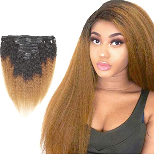 Feelgrace 10A Long Size Clip Ins Hair, Clip In Kinky Straight Human Hair Extension, Double Weft Human Hair Clip Ins Brazilian Hair for Black Women/Girls, 20 Inches, 1B/30 Two Tone Color, 130 Gram