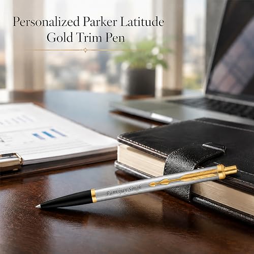 Image of SAVRI Customized Parker roller pen with name - Shiny Chrome with Gold Trim - Personalized Name Engraved Pen - Executive Pen for clients, Management, Graduation, & Corporate Gifting
