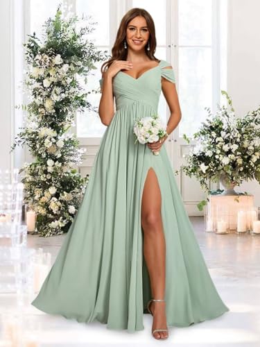 Women's Off Shoulder Ruched Bridesmaid Dresses Long with Pockets Slit Chiffon Formal Evening Dress VS1803