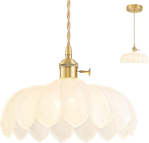 Miniatura 27 de Lámparas colgantes enchufables, lámpara colgante de cristal vintage, mini lámpara colgante de tulipán blanco leche, iluminación colgante para isla