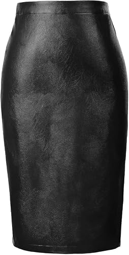 Belle Poque Damen Bleistiftrock Hohe Taille Midirock Knielang Lederrock | Mittlerer Rückenschlitz am Saum, Moderate Elastizität, eleganter Midirock, Büro und Freizeit, für Herbst u