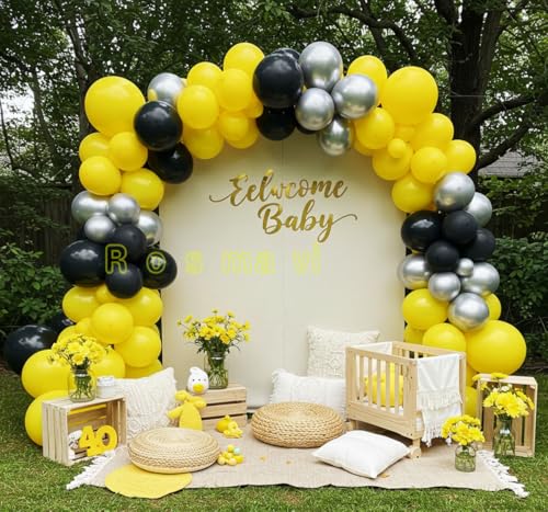 Image of Black and Yellow Balloon Arch Kit with Silver Balloons, 127 Pcs