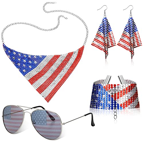 4 Pieces 4Th Of July Jewelry Set American Flag Dangle Earrings Independence Day Sunglasses Glasses Patriotic Stars Stripes Necklace Red White Blue Bracelet For Women Girls #TOP11