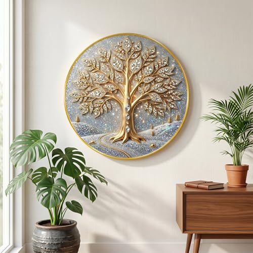 Image of SAF Tree of Life Wall Painting with Golden PVC Frame Round Luxury Wall Art Modern Decorative Design for Living Room Bedroom Office Home Decor Elegant Gift Item (20 x 20 Inch) GRL-358