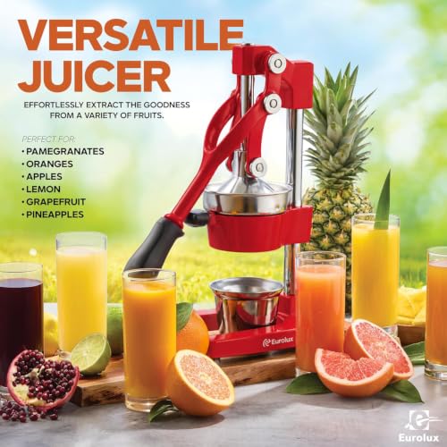 Image of Eurolux Ultra-Premium Cast Iron Juicer | Extra-Large, Heavy Duty, Commercial Grade, Stainless Steel Manual Hand Press Citrus Squeezer For Fresh Orange Juice, Pomegranate, Lemon, and Much More (Red)
