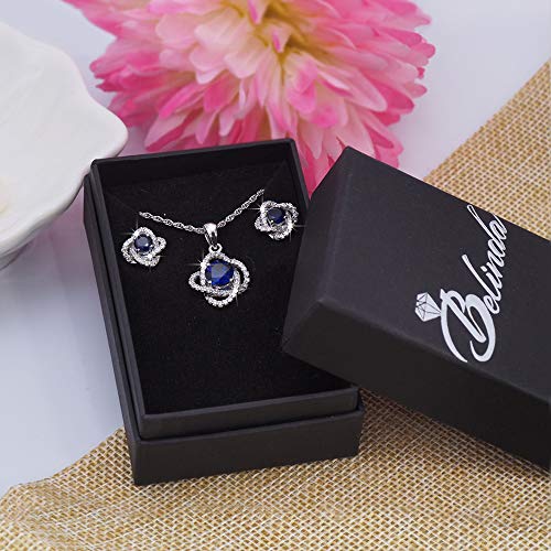Belinda Jewelz Womens 925 Sterling Silver Cute Love Knot Sparkling Gemstone Push Back Stud Earrings Hanging Pendant Necklace Beautiful Fine Jewelry Accessory Set, 1.65 Carat Created Blue Sapphire #TOP5