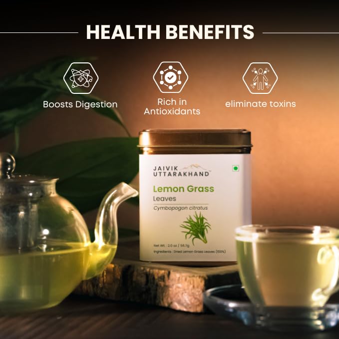 Image of Jaivik Uttarakhand Lemongrass Herbal Tea (113.4 g), Refreshing Aromatic Blend Natural, Unique Blend Crafted Loose Leaf for Chai Lovers across India, Pack of 2 Tin Can