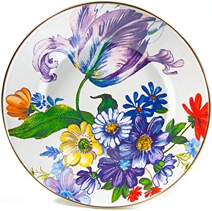 MACKENZIE-CHILDS Flower Market Enamel Dinner Plate, 10-Inch Round Serving Plate, White