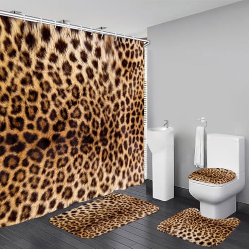 KOKGYM 4 PCS Leopard Shower Curtain Cheetah Print Shower Curtain Sets Non Slip Bathroom Rugs Soft Plush Bath Mat Toilet Lid Cover Animal Print Shower Curtain with 12 Hooks for Bathroom Tub Brown