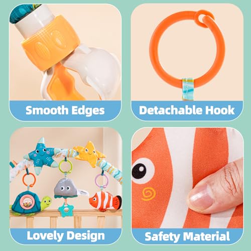 Baby Stroller Arch Toy for Infant & Toddler 0-6 Months, Musical Travel Car Seat Toys W/ Teether, Adjustable Mobile Arm for Crib, Bassinet, Pram, Bjorn Bounce Bar Activity Hanging Accessory 6-12(Sea) by Jollybaby - Image 5