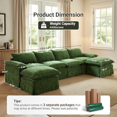 Image of Claiks 157 inch Modular Boneless Couch, U Shaped Couch for Living Room, Modern Deep Seat Sofa 4 Seater Chenille Fabric Comfy Cloud Couches with Movable Ottoman, Dark Green