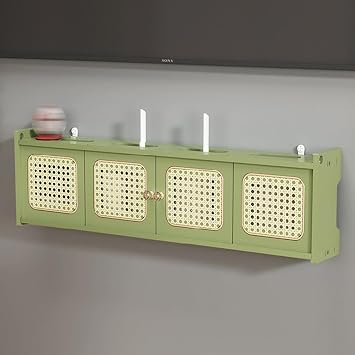 Wicker Design Elegant Router Shelf Projector Shelf Router Storage Hider Box Modem Cable Outlet Cover Organized Power Strip Cable Management Hider Rack by Wood,Green,31.5 * 4.5 * 9in