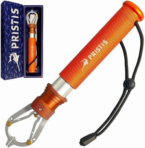 Pristis Metal Fishing Grabber, Locking Fish Lip Gripper with Lightweight Aviation Aluminum Handle, Heavy Duty Stainless Steel Grab Grip Tool Tackle, Rotating Hook Remover Holder Freshwater Saltwater