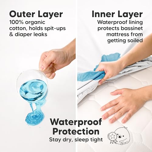 Image of 2-pk Waterproof Bassinet Sheets Girls, Boys, Cotton - 33x17 Universal Bassinet Mattress Pad Protector Cover, Compatible with Graco,Baby Delight,Chicco,Halo Bassinest Swivel Sleeper Fitted (Soft White)
