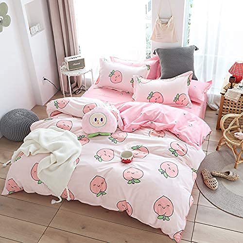 Cartoon Duvet Cover Set King Pink Peach Bedding Set Kid Kawaii Bedding Set Girl Peach Comforter Cover Cute Fruits Quilt Cover Tropical Plant Bedding Reversible Soft Bedspread Cover Room Decor - Image 2