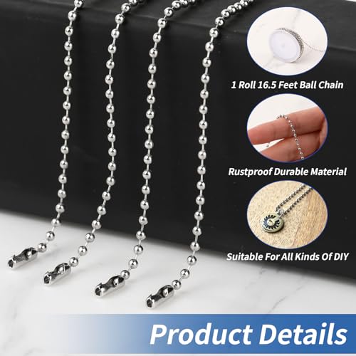Molain 5M Kugelkette, Edelstahl Perlen Rollenkette Mit 10 Passenden Anschlüssen Kugelkette, Edelstahl Kugelkette Kette Damen Für DIY-Schmuckherstellung Halsketten Armbänder Schlüsselanhänger