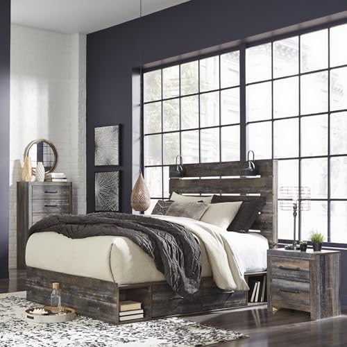 Image of Signature Design by Ashley Drystan Queen Panel Bed with 2 Storage Drawers, Sconce LED Lights, and USB Charging Ports, Engineered Wood Platform Design, No Box Spring Needed, Dark Brown and Gray