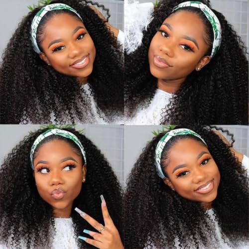 Image of 200 Density Deep Wave Headband Wig Human Hair 18 Inch Curly Half Wig Human Hair None Lace Front Wigs for Black Women Natural Color, 100% Human Hair, No Shedding