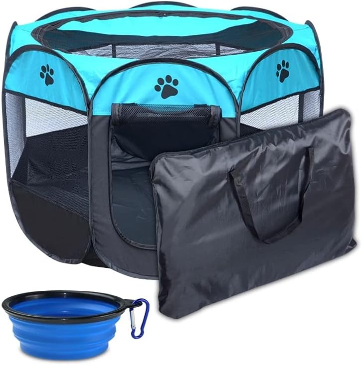 Coopupet Pet Playpen, Foldable Dog Playpen, Portable Dog Pen, Octagon Puppy Playpen Indoor, Exercise Kennel Dog Tent for Dogs/Cats/Rabbits + Free Carrying Case + Free Travel Bowl (Blue+Black, L)