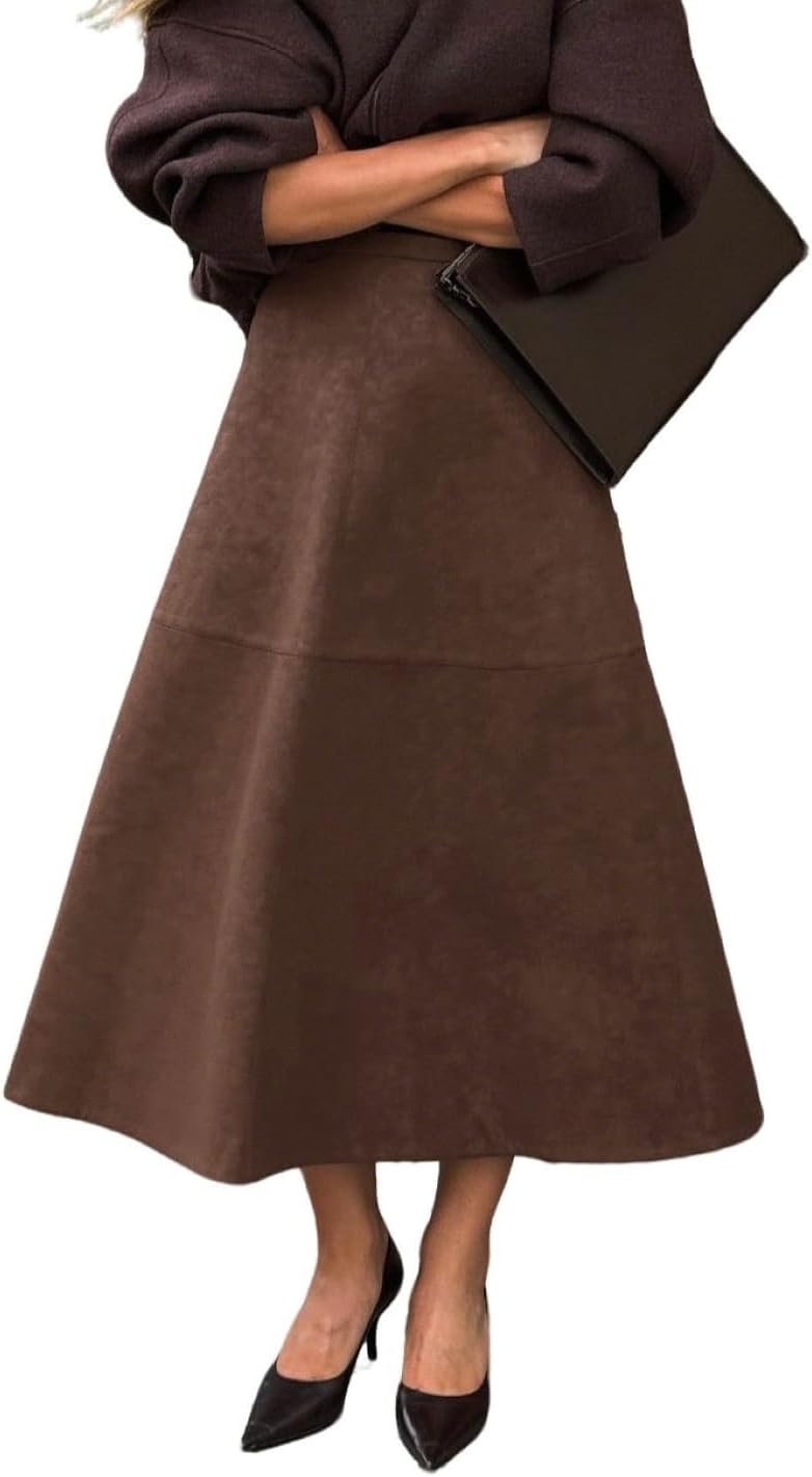 CHARTOU Women Long Faux Suede Leather Skirt Vintage High Waist Fall Winter Flared Maxi A Line Skirt