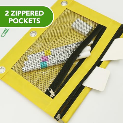 Image of Pencil Pouch for 3 Ring Binder, Heavy Duty Canvas Dual Zipper Pen Bag with Clear Window, Smooth Metal Zipper, Fit Standard 3-Ring Binders for School Office Travel Supplies (Yellow)
