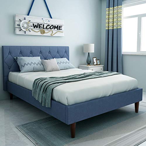 Yegee Upholstered Platform Bed Frame Wood Stat Support No Box Spring Needed Deep Button Tufting Headboard Solid Wood Foot (Blue, Queen)