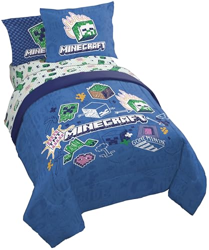 Image of Minecraft Creeper Full Size Comforter Set 7 Piece Kids Bedding, Blue | Gaming, Bed in a Bag, Comforter Sheets Shams Pillowcases, Official Product, Soft Microfiber, Machine Washable, Girls Gift